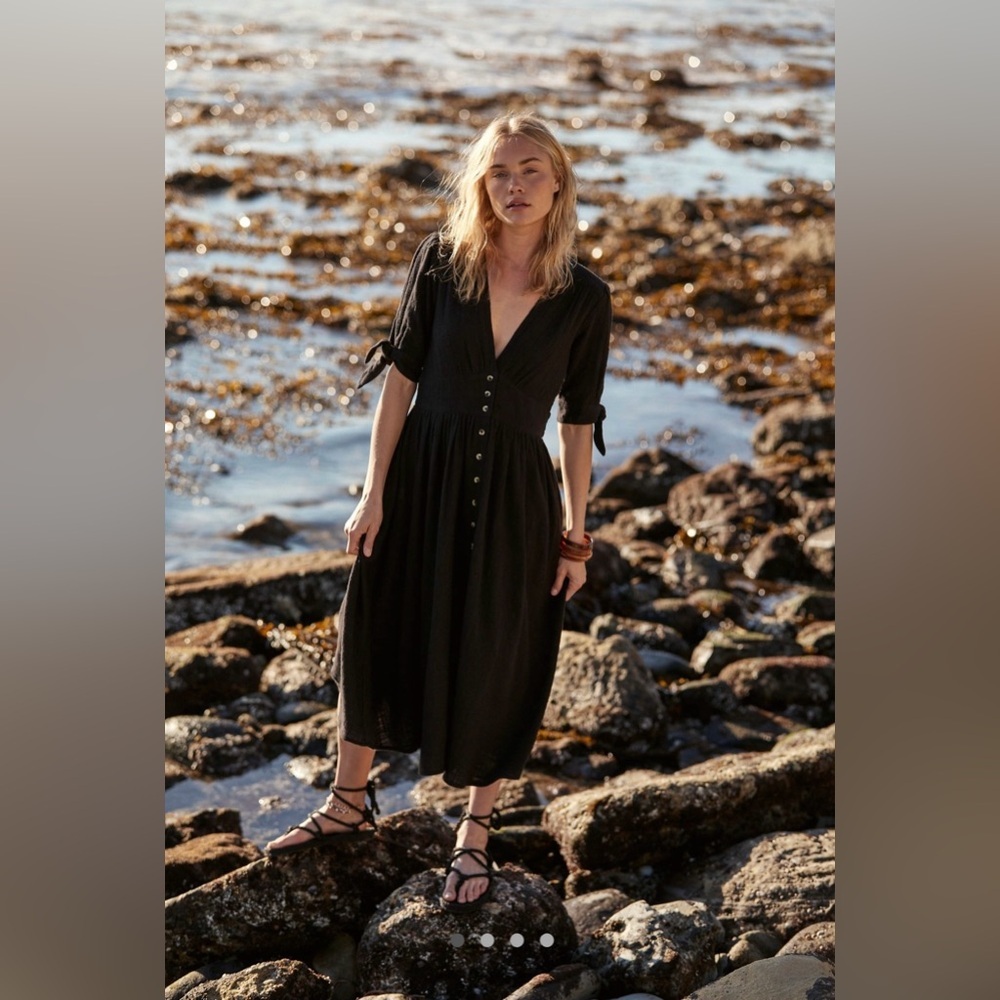 Free People Black Midi Sundress with 3/4 Cuffed Sleeves